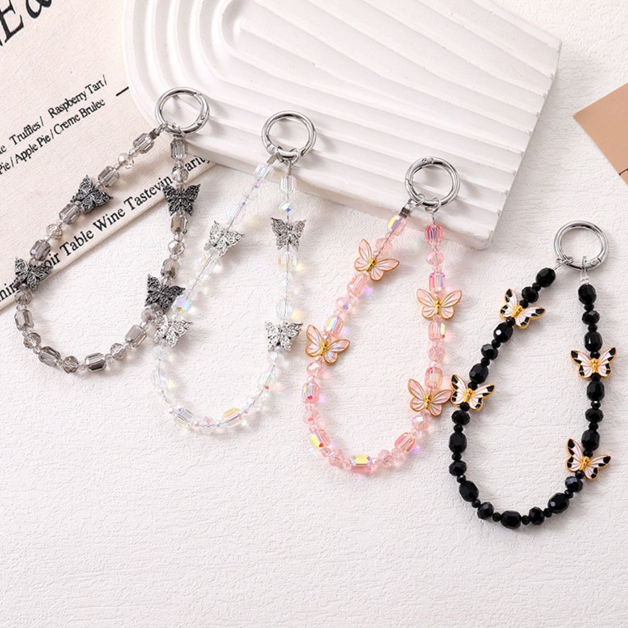 Crystal Beaded Phone Charm Wrist Strap | Butterfly Acrylic Beaded | 14 Cm | Backpack Charm | Assorted Colors | Card OPP Packing