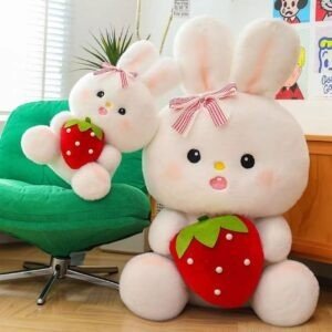 Cute Bunny Plush Toy with Strawberry | Soft & Cuddly Stuffed Toy for Kids | Adorable White Rabbit Design with Ribbon Bow | Imported Skin | 40-45 Cm | OPP Packing