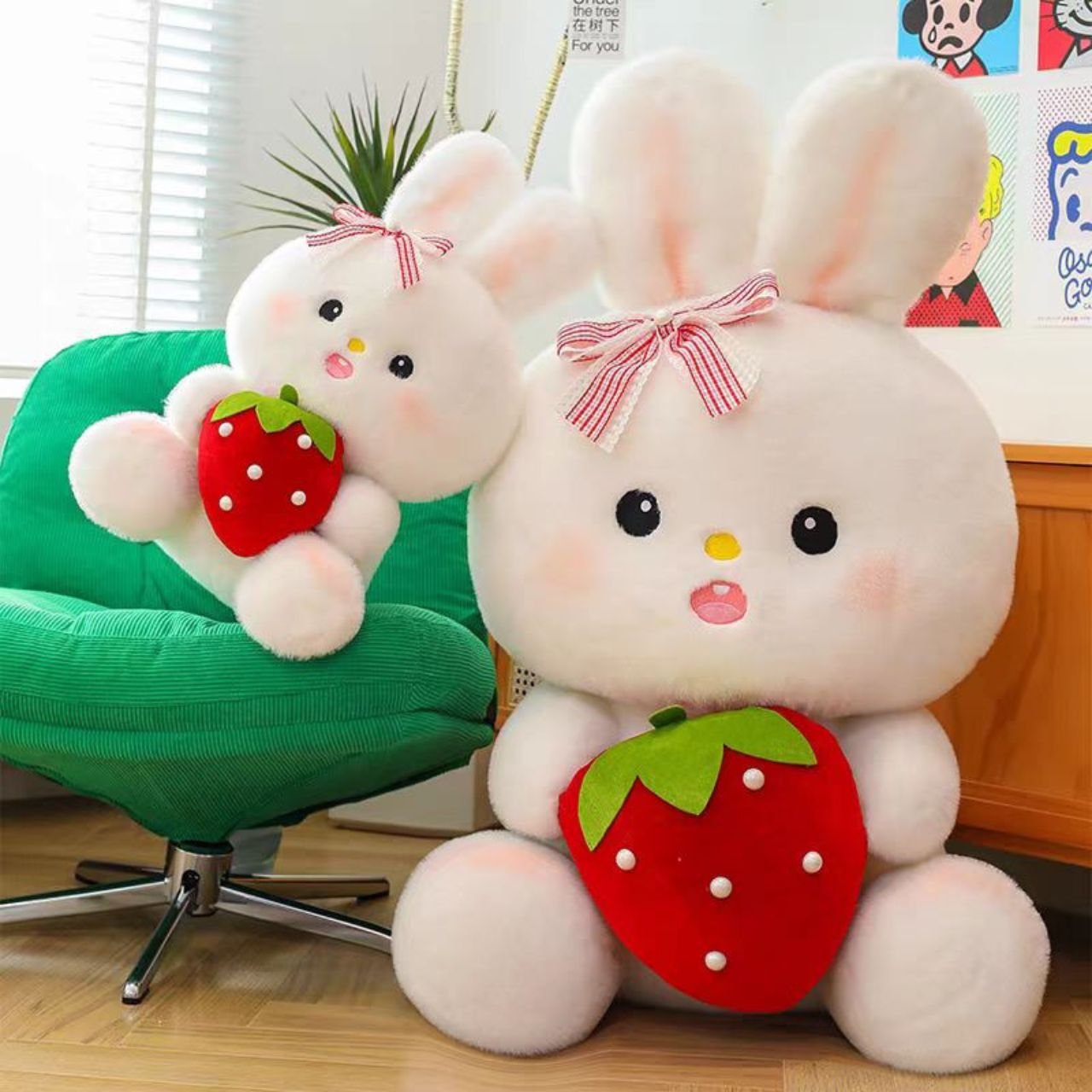 Cute Bunny Plush Toy with Strawberry | Soft & Cuddly Stuffed Toy for Kids | Adorable White Rabbit Design with Ribbon Bow | Imported Skin | 40-45 Cm | OPP Packing