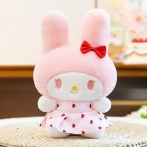 Cute Pink My Melody Plush Toy with Red Bow | Soft Kawaii Stuffed Toy in Heart Print Dress | Imported Skin | 22 Cm | OPP Packing