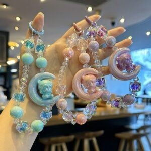 Cute Kawaii Moon Bear Beaded Phone Charm | Acrylic Crystal Beaded | Backpack Charm | 16 Cm | Assorted Colors | Card OPP Packing