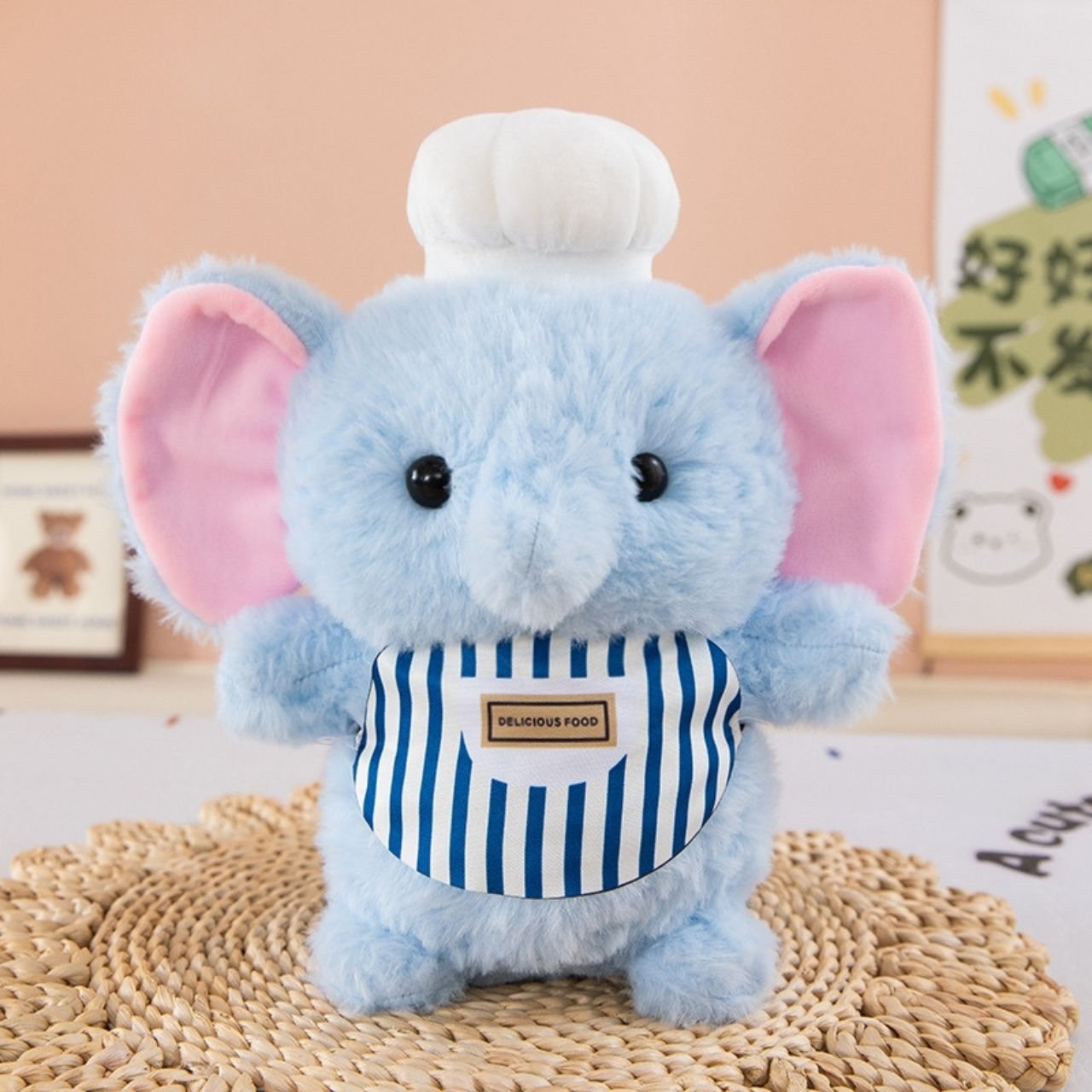 Cute Elephant Plush Toy Chef Doll | Soft & Cuddly Stuffed Elephant with Chef Hat & Striped Apron | Imported Skin | 20-23 Cm | OPP Packing