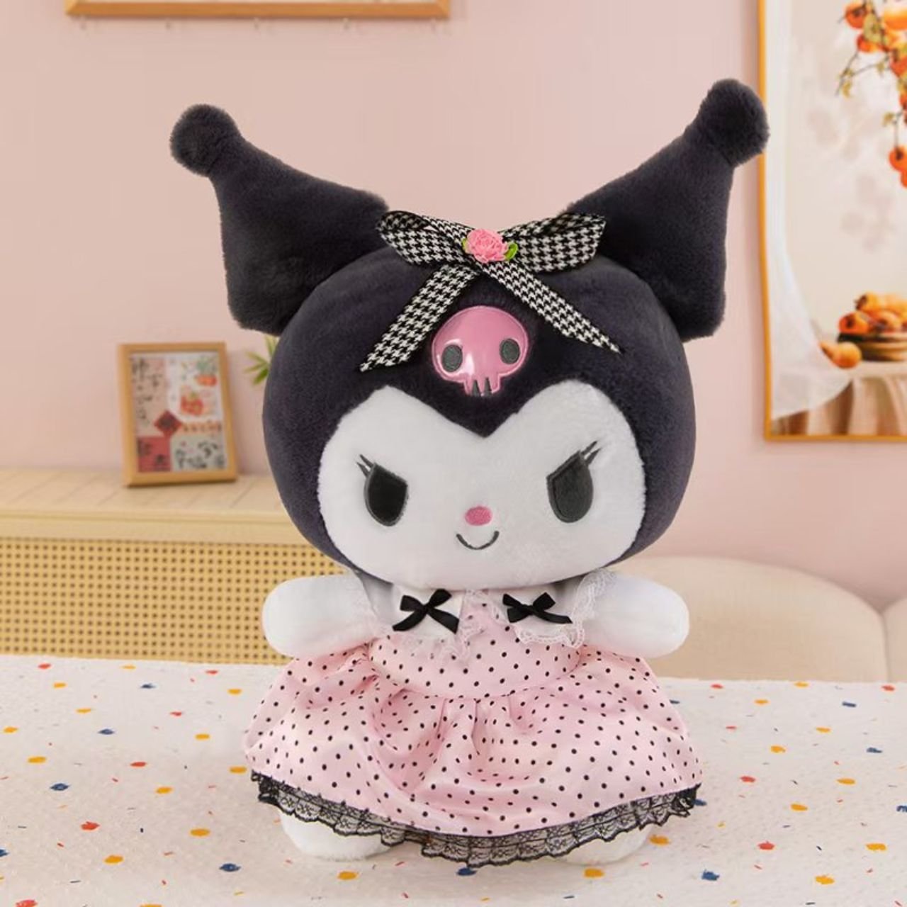 Cute Kuromi Plush Toy in Pink Polka Dot Dress | Soft & Cuddly Stuffed Toy with Skull Bow Design | Imported Skin | 40-45 Cm | OPP Packing