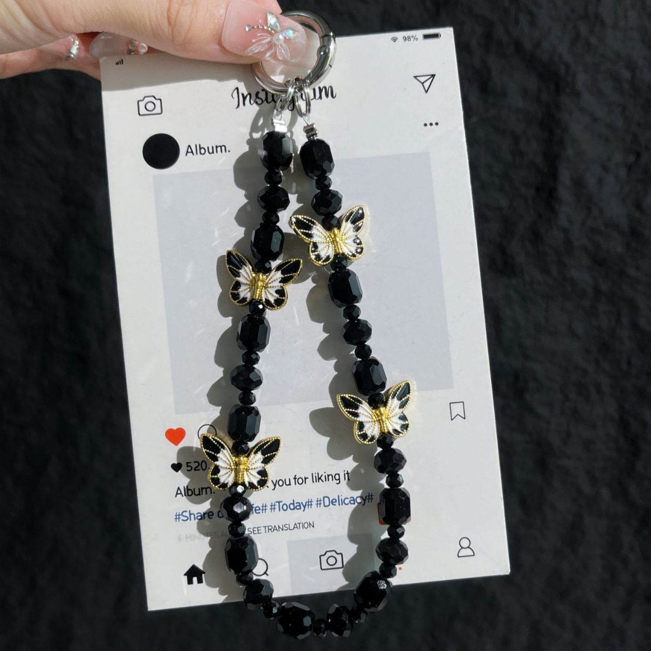 Crystal Beaded Phone Charm Wrist Strap | Butterfly Acrylic Beaded | 14 Cm | Backpack Charm | Assorted Colors | Card OPP Packing - Image 2