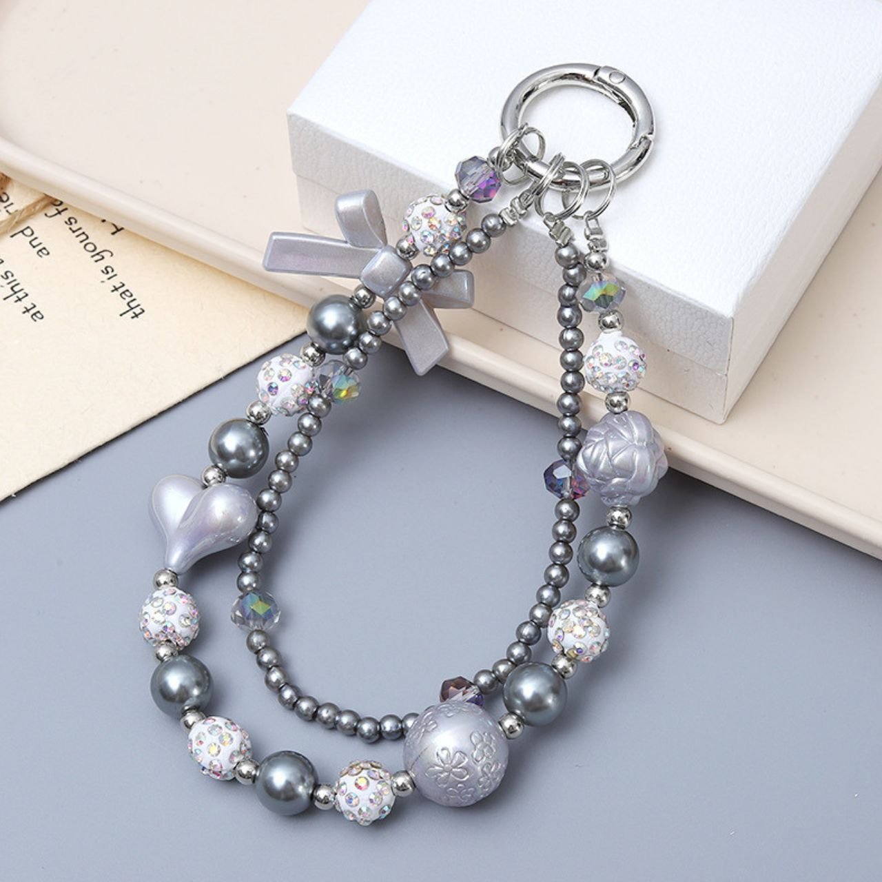 Cute Pearl Beaded Heart & Bow Phone Charm | Wrist Strap | Acrylic Beaded | 13 Cm | Backpack Charm | Assorted Colors | Card OPP Packing - Image 3