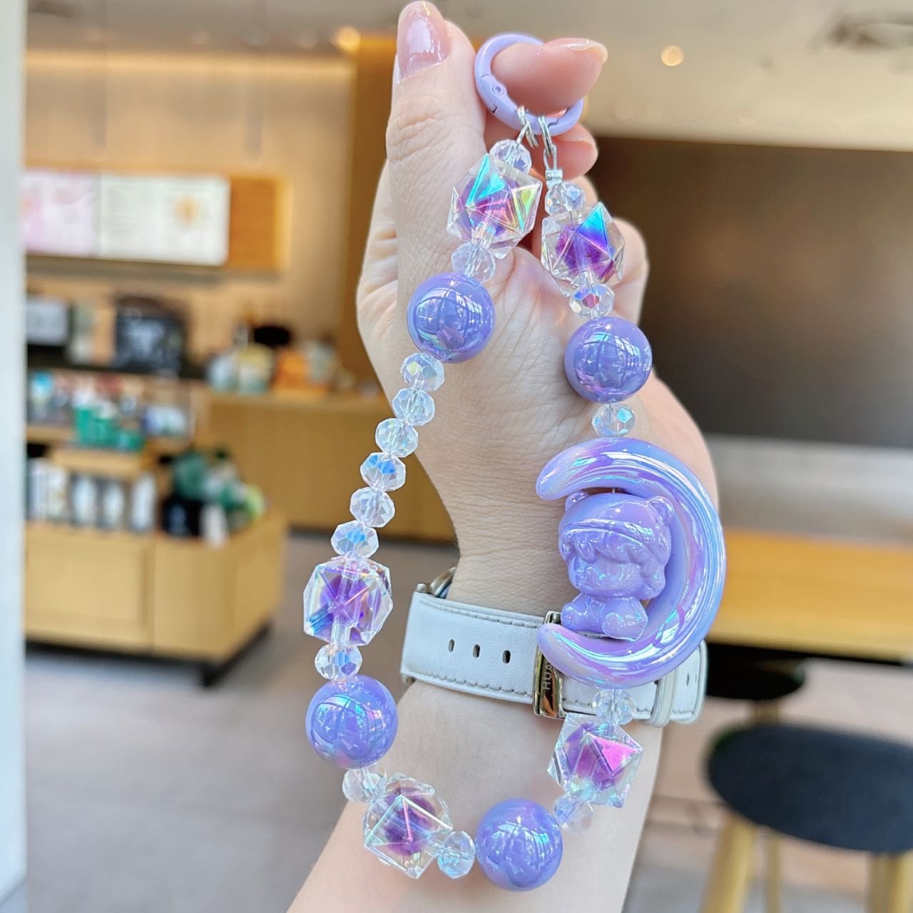 Cute Kawaii Moon Bear Beaded Phone Charm | Acrylic Crystal Beaded | Backpack Charm | 16 Cm | Assorted Colors | Card OPP Packing - Image 3