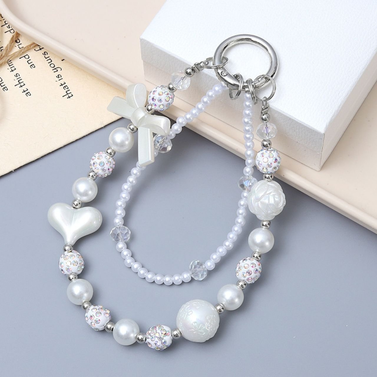 Cute Pearl Beaded Heart & Bow Phone Charm | Wrist Strap | Acrylic Beaded | 13 Cm | Backpack Charm | Assorted Colors | Card OPP Packing - Image 4