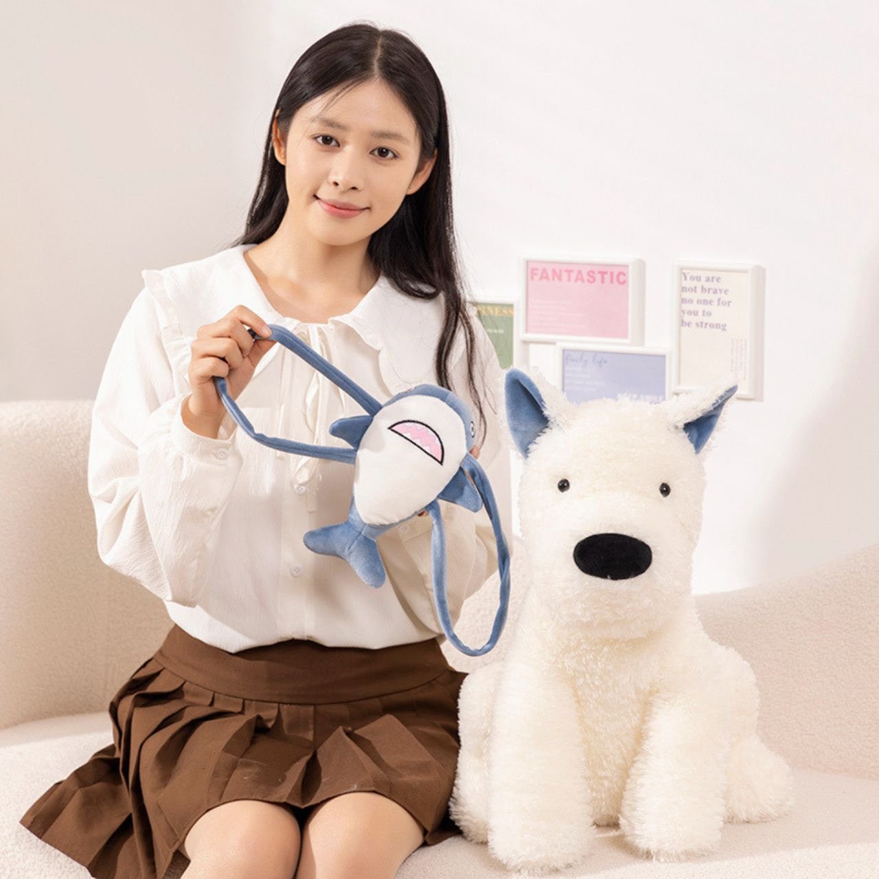 Cute Wolf Plush Toy with Blue Shark Backpack | Soft & Cuddly Stuffed Toy for Kids | Adorable Wolf Design | Imported Skin | 40-45 Cm | OPP Packing - Image 2