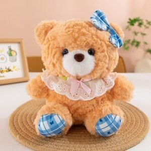 Cute Teddy Bear Plush Toy | Soft & Cuddly Stuffed Bear | Adorable Blue Checkered Bow & Lace Collar Design | Warm Orange Color | 22 Cm | OPP Packing