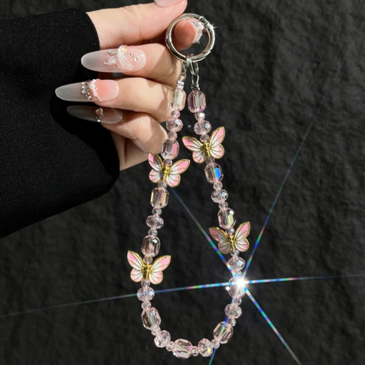 Crystal Beaded Phone Charm Wrist Strap | Butterfly Acrylic Beaded | 14 Cm | Backpack Charm | Assorted Colors | Card OPP Packing - Image 6