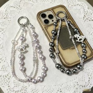 Pearl Beaded Phone Charm with Rocking Horse Charm | Acrylic Beaded | Mobile Hanging Lanyard | 15 Cm | Assorted Colors | Card OPP Packing