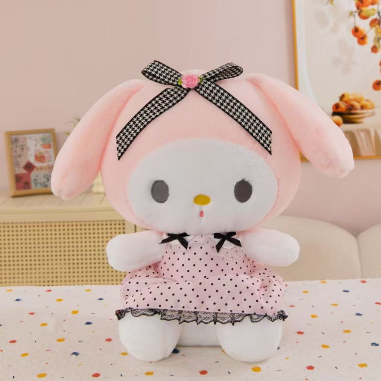 Cute My Melody Plush Toy with Polka Dot Dress | Soft & Cuddly Stuffed Toy for Kids | Ribbon Bow | Imported Skin | 40-45 Cm | OPP Packing