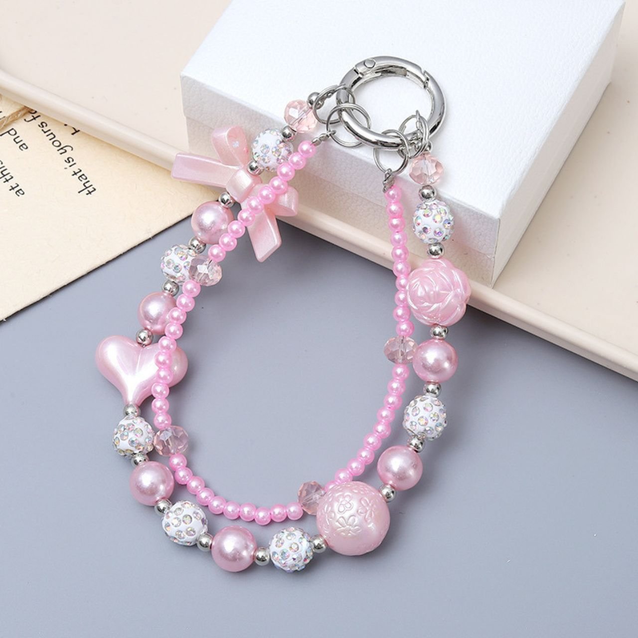 Cute Pearl Beaded Heart & Bow Phone Charm | Wrist Strap | Acrylic Beaded | 13 Cm | Backpack Charm | Assorted Colors | Card OPP Packing - Image 2