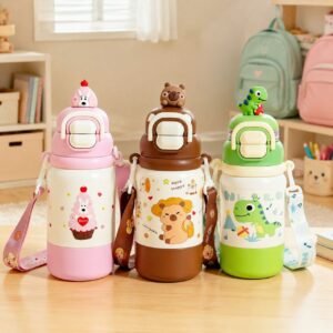 Stainless Steel Insulated Kids Sipper with Straw & Strap | Cute Cartoon Print | Portable & Leakproof | Dual Sip | Push Lock Button | 500 ML | Assorted Colors | Box Packing