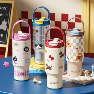 Stainless Steel Insulated Tumbler with Handle | Cute Cartoon Print | Dual Sip System | Portable & Leakproof | 750 ML | Assorted Colors | Box Packing