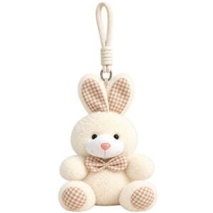 Plush Bunny Rabbit Keychain with Lanyard | Gingham Bow | Soft Stuffed Bag Charm | 13 Cm | Assorted Colors | OPP Packing