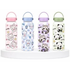 Stainless Steel Cute Kawaii Printed Water Bottle with Carry Handle | Portable & Leakproof | 1000 ML | Assorted Colors & Prints | Box Packing