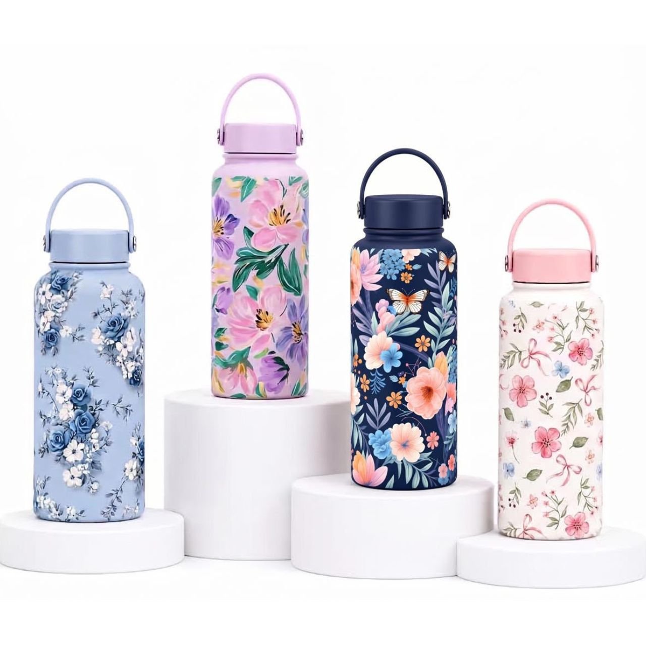 Stainless Steel Floral Printed Water Bottle with Carry Handle | Portable & Leakproof | 1000 ML | Assorted Colors & Prints | Box Packing