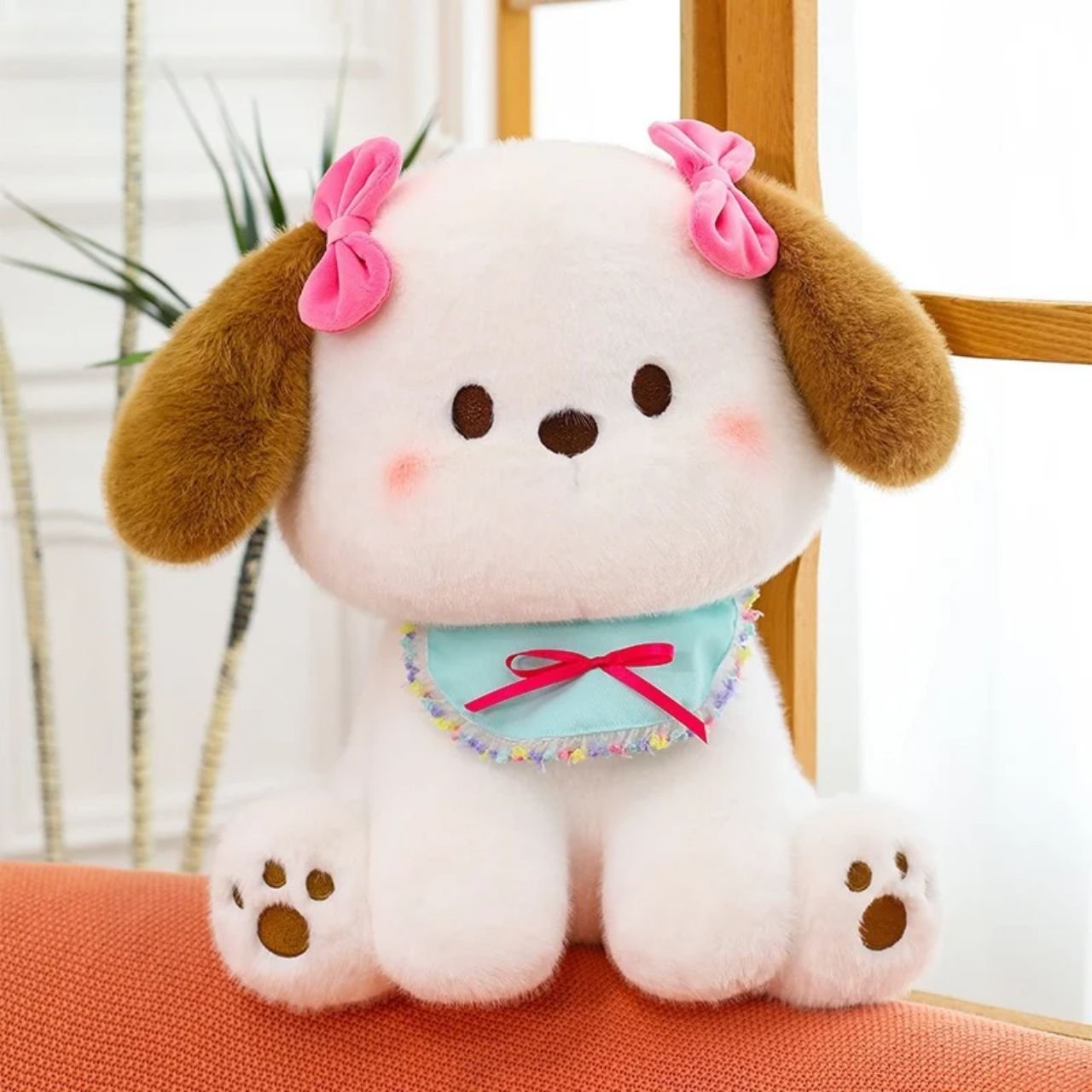 Cute White Puppy Plush Toy with Pink Bows & Blue Scarf | Adorable Stuffed Dog | Washable & Imported Fabric | 45 Cm | OPP Packing