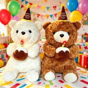 Cute Birthday Teddy Bear Plush Toy with Cake | Soft Stuffed Bear Doll | Washable & Imported Fabric | 45 Cm | Assorted Colors | OPP Packing