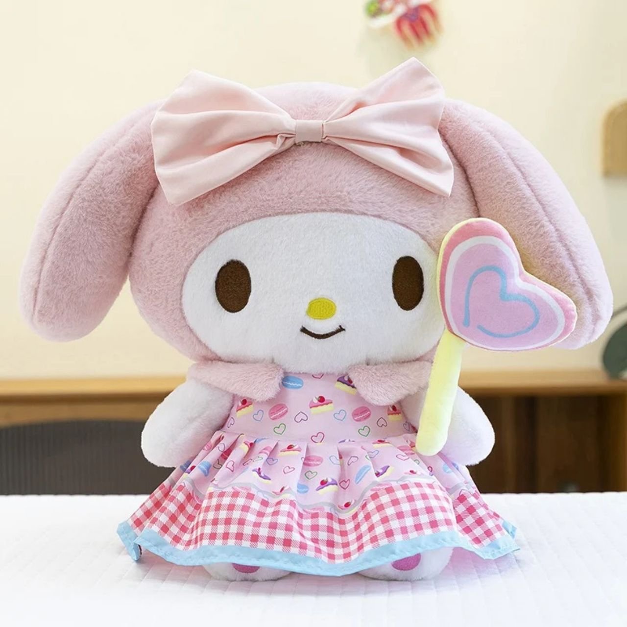 Kawaii My Melody Plush Toy with Bow & Hearth Shaped Wand | Soft Stuffed | Washable & Imported Fabric | 45 Cm | OPP Packing